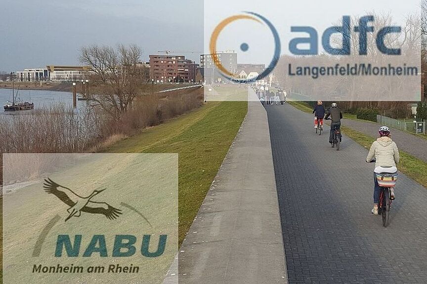 NABU ADFC Fahrradtouren Logos von NABU und ADFC. Im Hintergrund ist der Rhein und ein Radweg, der nach Monheim führt zu sehen.
